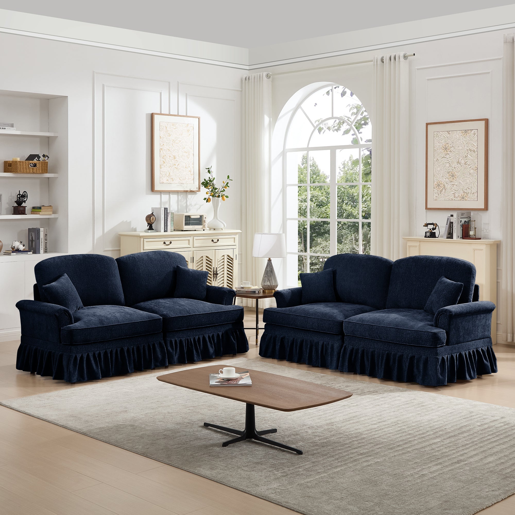 Classic 2 Piece Modular Couch Living Room Sofa Set with Flared Arms and Removable Ruffles Pleats Skirts and Spindle Legs, 2Seater Sofa + 2-Seat Loveseat Sofa Sets for Living Room, Blue