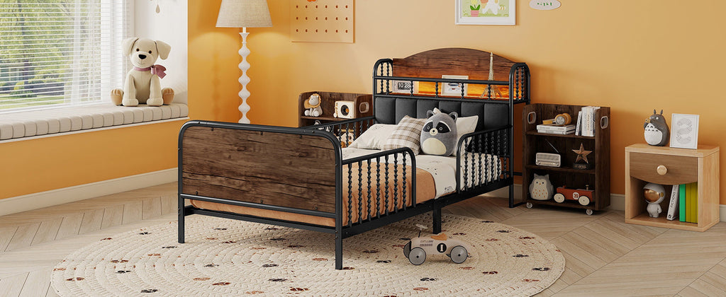 Twin Size Metal Platform Bed Frame with Light, Kids Twin Metal Bed with Upholstered and Pull Out Storage Shelves, Black (Expect Arrival Date 2025/10/5)