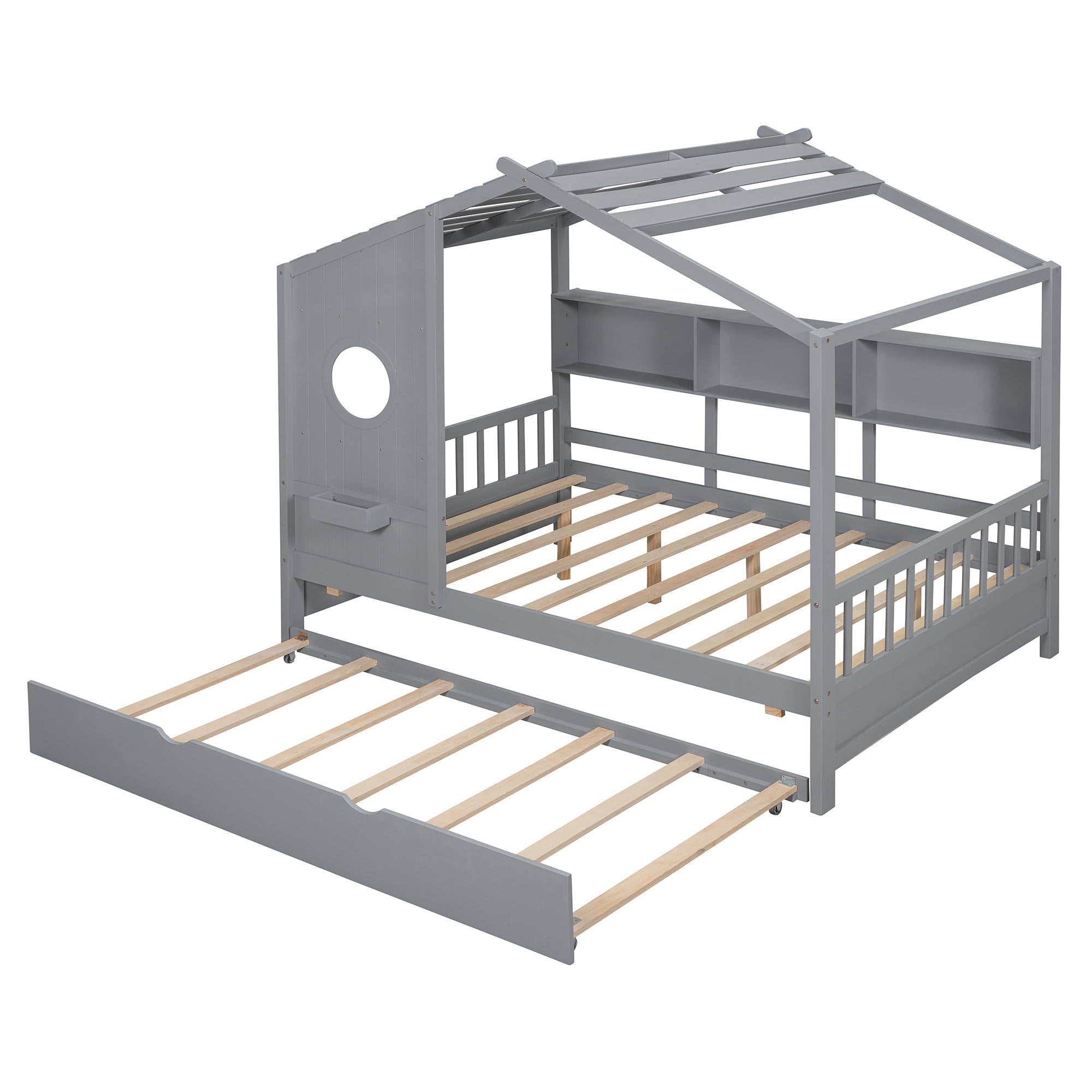 Wooden Full Size House Bed With Trundle, Modern Design for Kids with Storage Shlef, Gray(old SKU HL000095AAE)