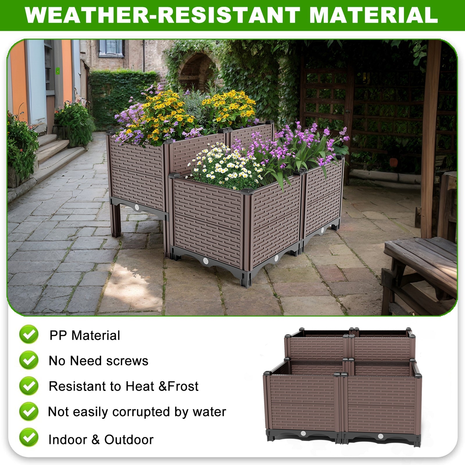 31.5x31.5x19.6in Raised Garden Beds Outdoor, Polypropylene Planter Boxes Outdoor for Vegetables, Flowers, Herbs, Garden Box with Drain Outlet, Heat and Frost Resistant Planters, 440 lbs Capacity