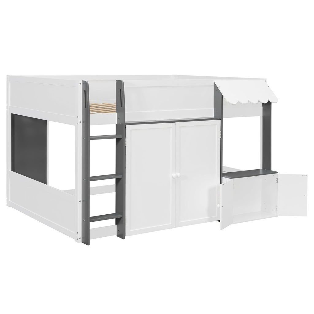 Full Loft House Bed with Playhouse & Storage, Modern Wood Cabin Bed for Kids/Teens, White+Gray