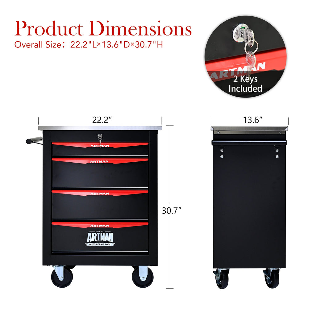 4-Drawer Multifunctional Tool Cart with Wheels, Metal Rolling Tool Cart Storage for Garage Workshop Warehouse Repair Shop - with Stainless Steel Roof - Black & Red