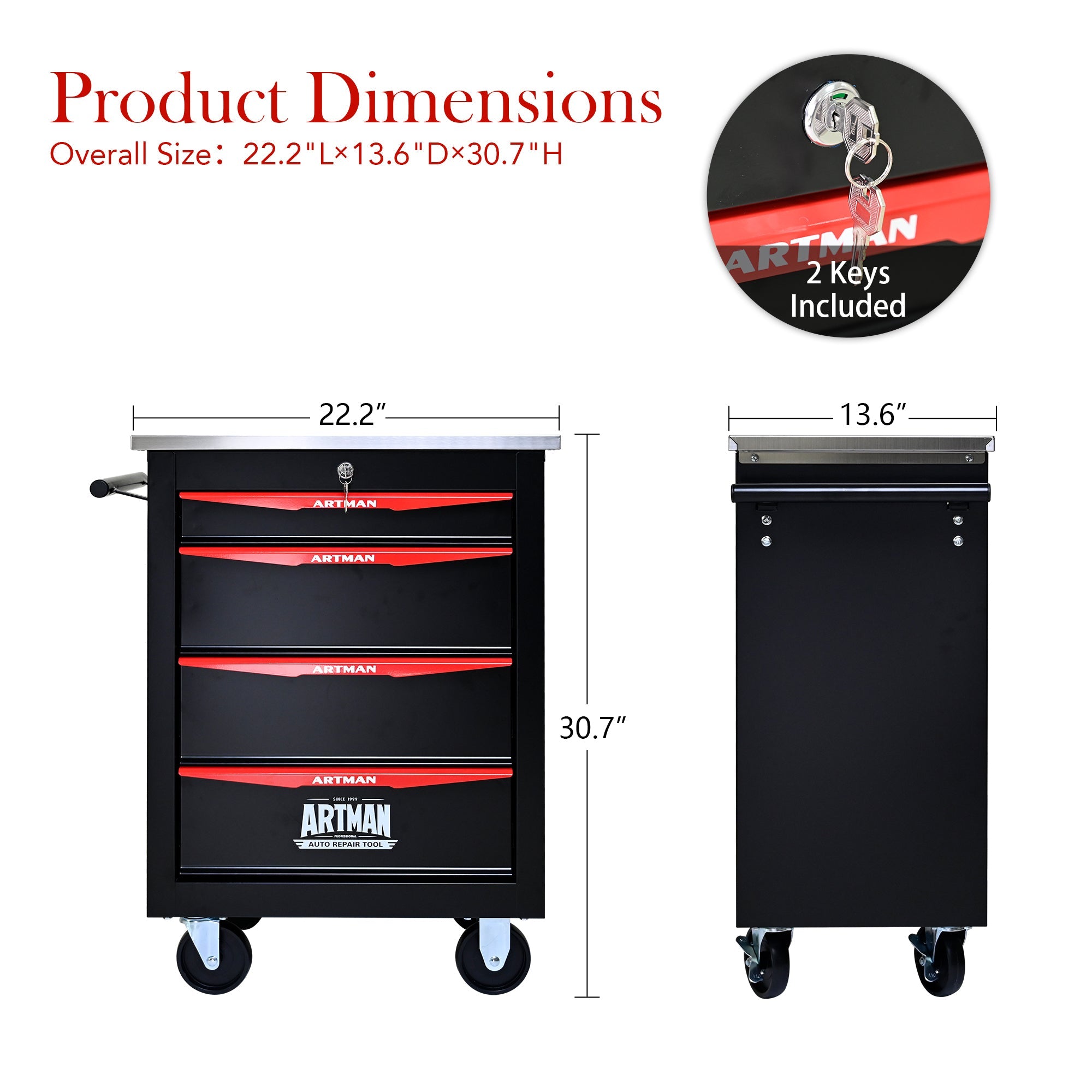 4-Drawer Multifunctional Tool Cart with Wheels, Metal Rolling Tool Cart Storage for Garage Workshop Warehouse Repair Shop - with Stainless Steel Roof - Black & Red