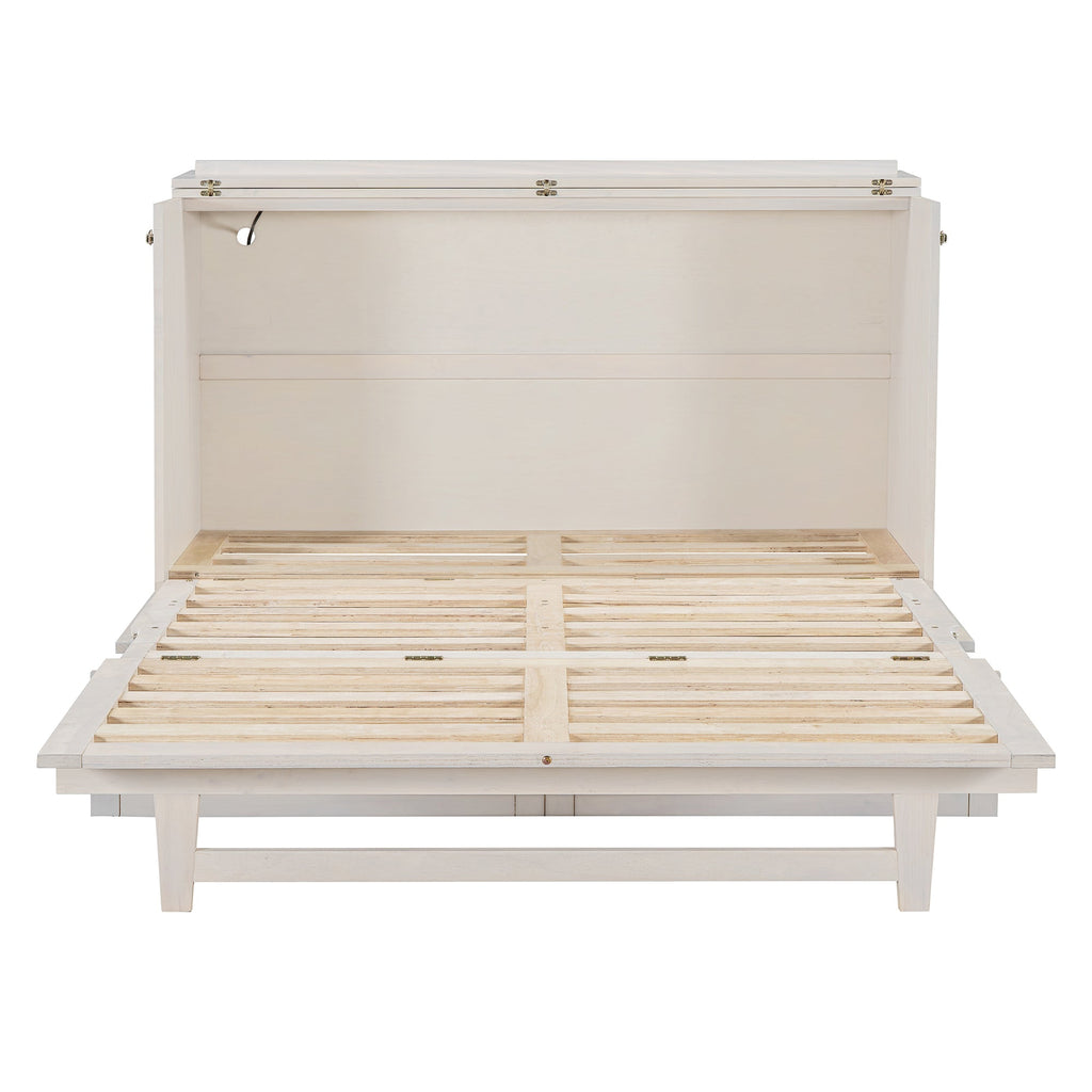 Queen Size Murphy Bed with Large Drawers & USB Ports,Brushed White
