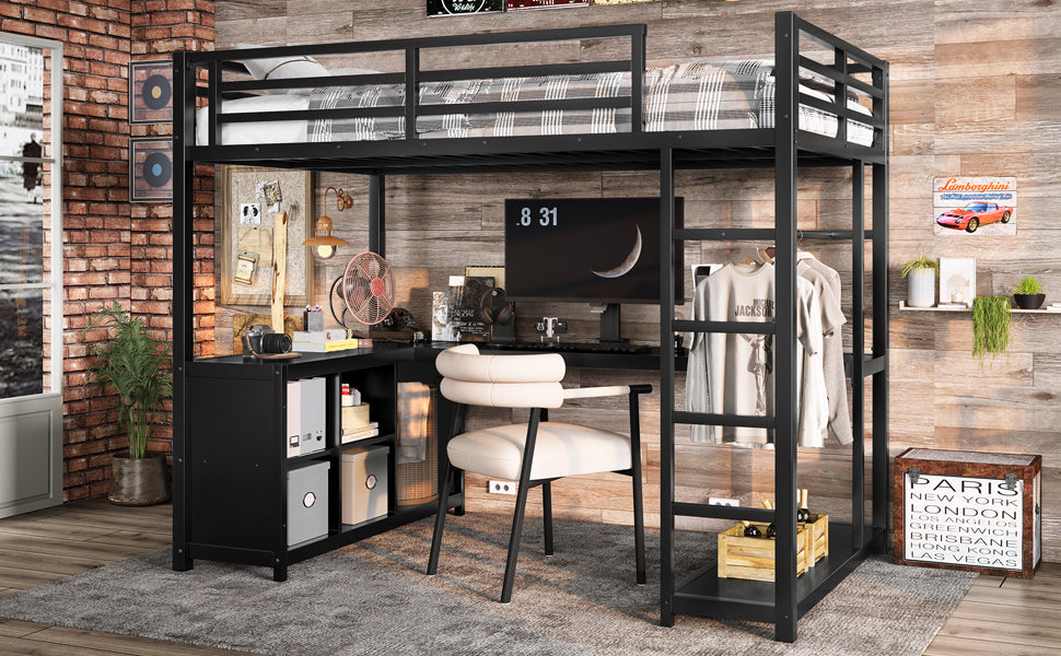 Metal Loft Bed with Wardrobe and L-shaped Desk, Twin Size Loft Bed with Storage Cubes and Shelves, Loft Bed for Kids Teens Adults, Black