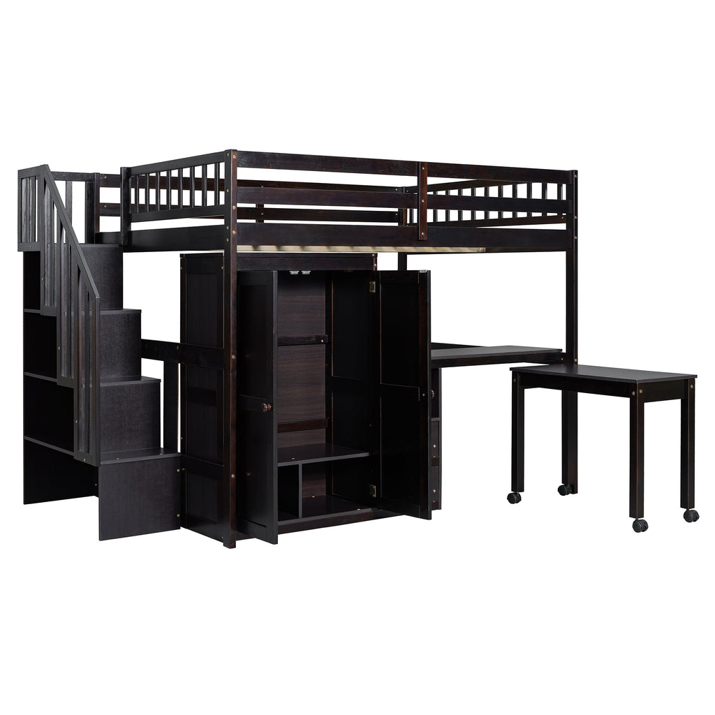 Full Size Loft Bed with Stairs, Bookshelf, Drawers, Desk & Wardrobe – Space-Saving Multifunctional Furniture for Kids & Teens-Espresso