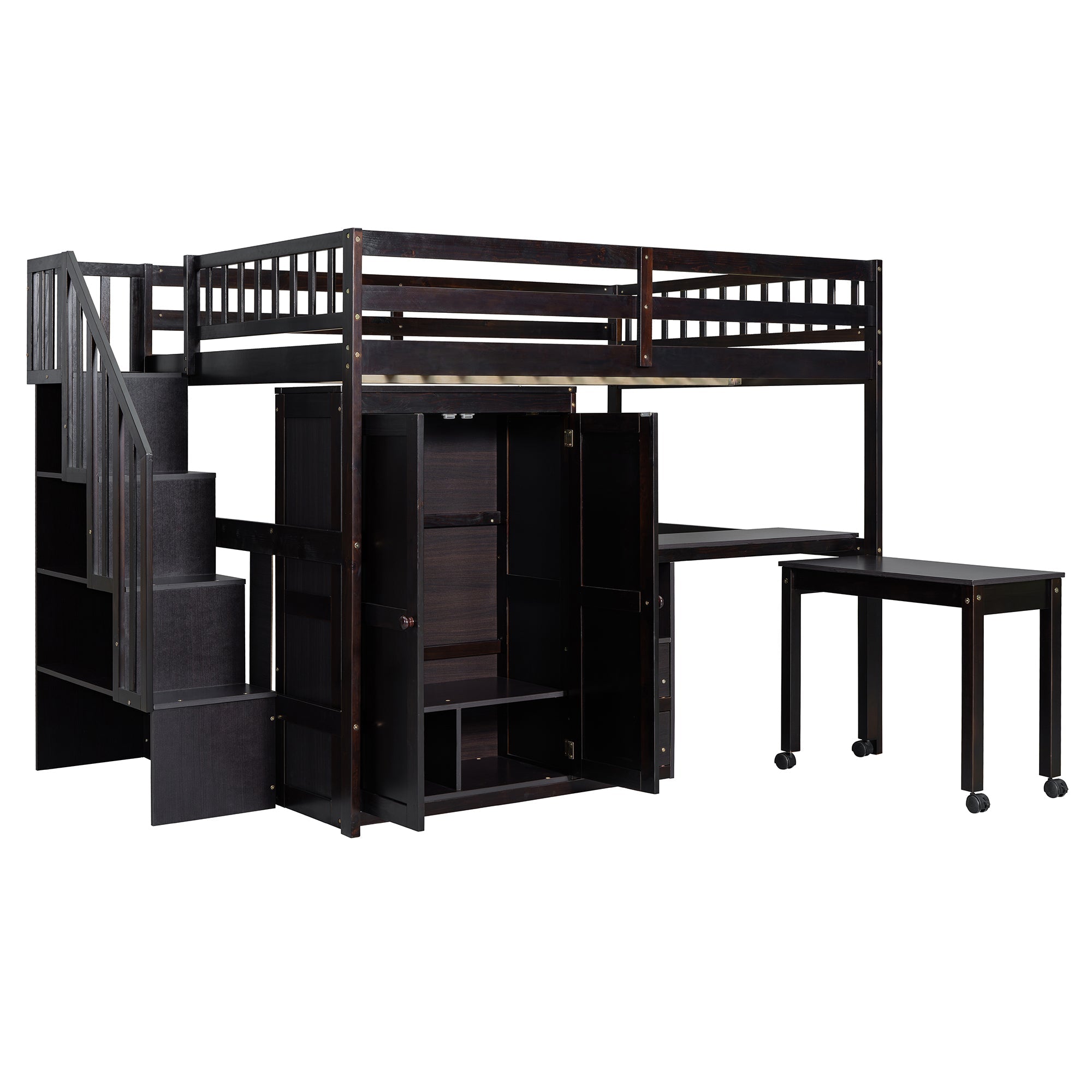 Full Size Loft Bed with Stairs, Bookshelf, Drawers, Desk & Wardrobe – Space-Saving Multifunctional Furniture for Kids & Teens-Espresso