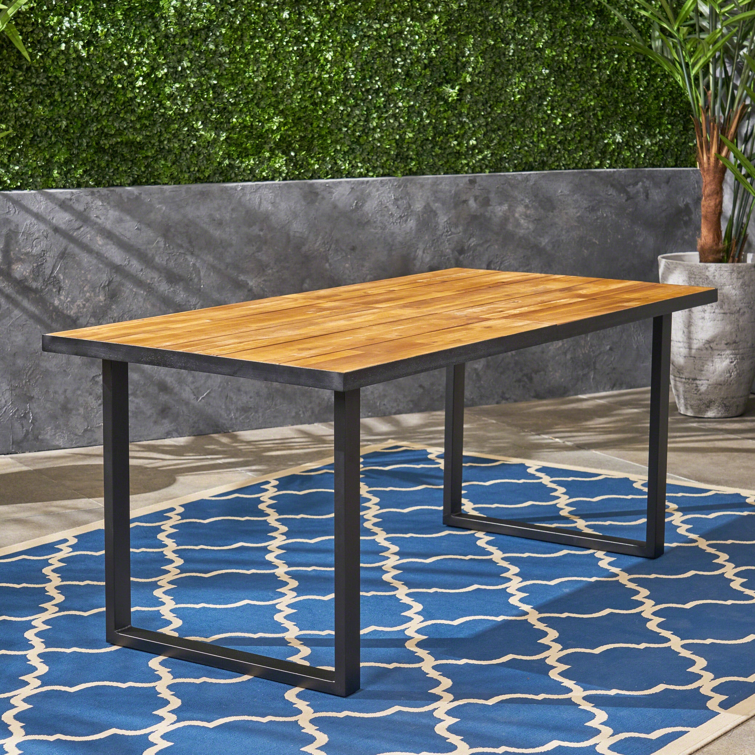 Outdoor Dining Table with U Shape Legs and Slat Top Table, Teak