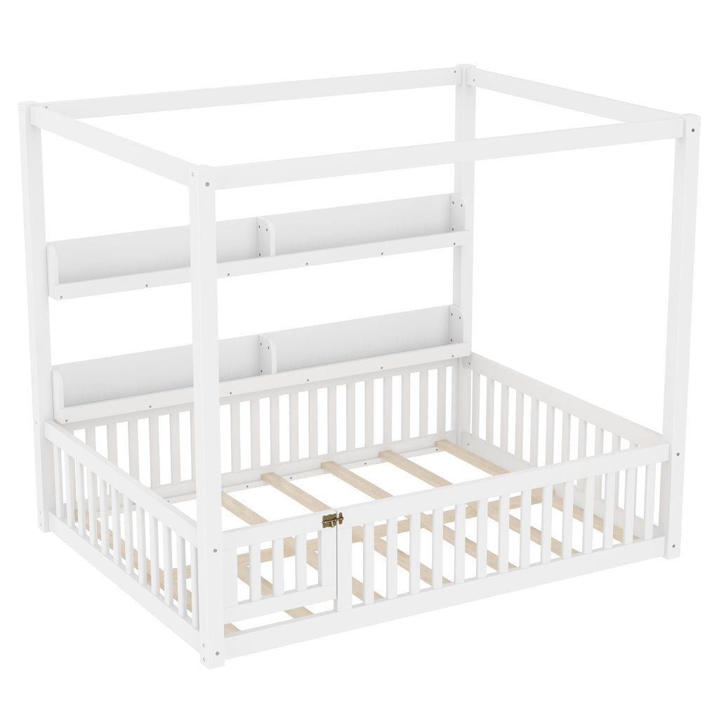 Full Size Canopy Bed with Guardrails, Solid Wood Floor Bed with Shelves, Montessori Floor Bed Frame for Kids, Boys, Girls, No Spring Box Needed, White