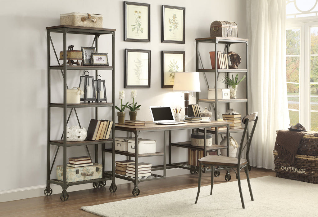 Modern Traditional Aesthetic 1pc Writing Desk with 4x Shelves Metal Casters Natural Finish and Rustic Black Metal Finish