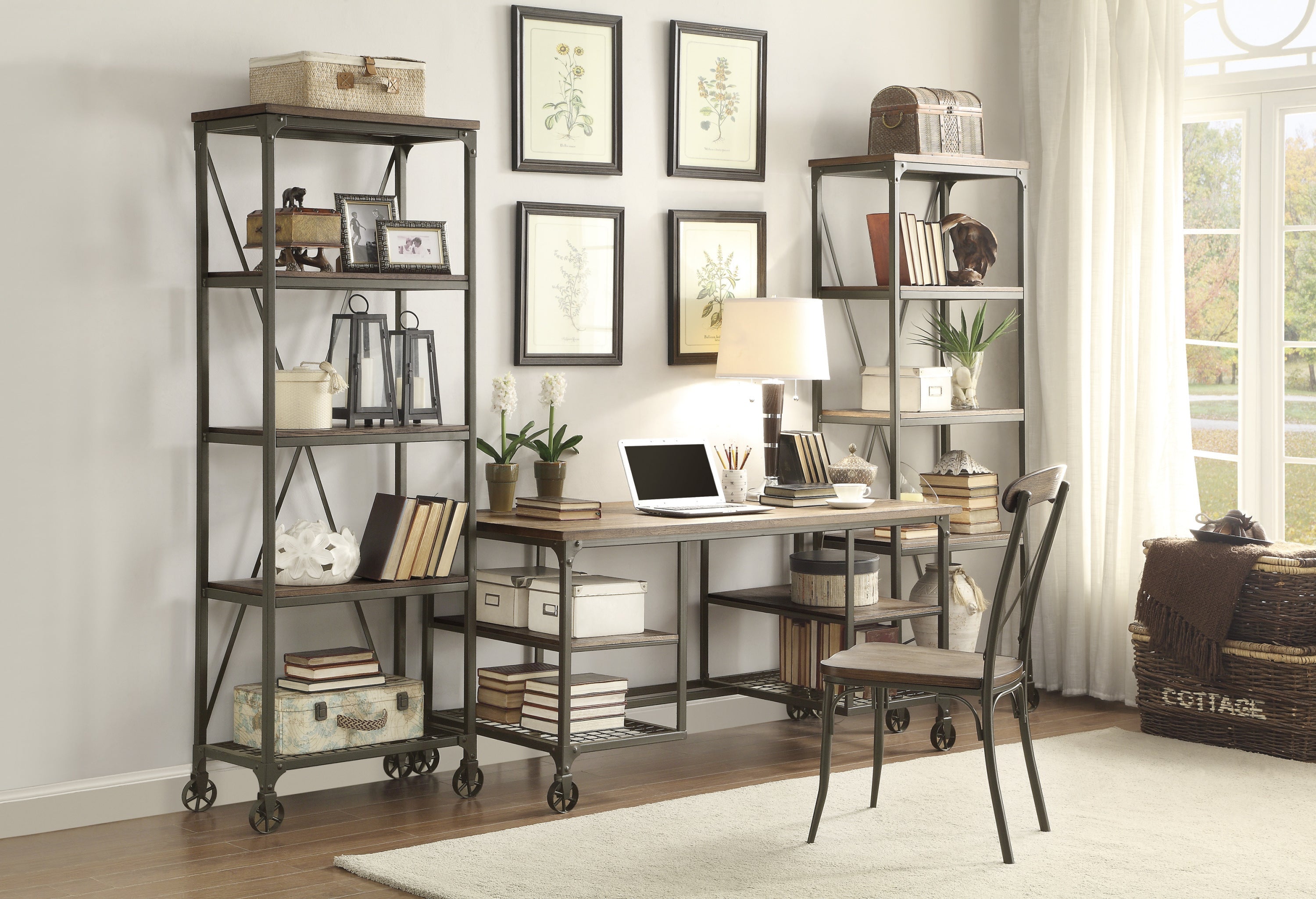 Modern Traditional Aesthetic 1pc Writing Desk with 4x Shelves Metal Casters Natural Finish and Rustic Black Metal Finish
