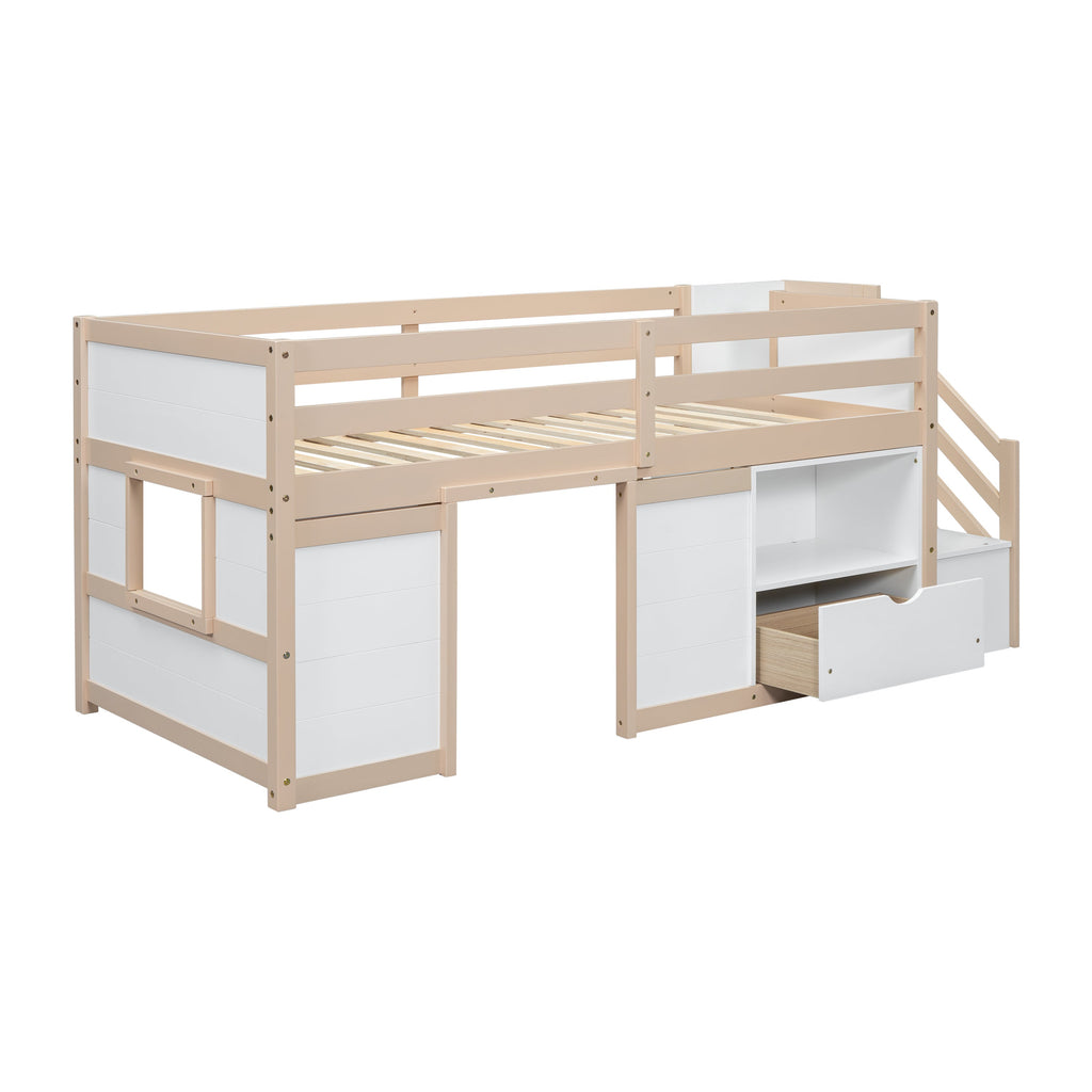 SOLID WOOD TWIN SIZE LOW LOFT BED WITH STAIR, DRAWER, AND SHELF FOR CREAM + WHITE COLOR