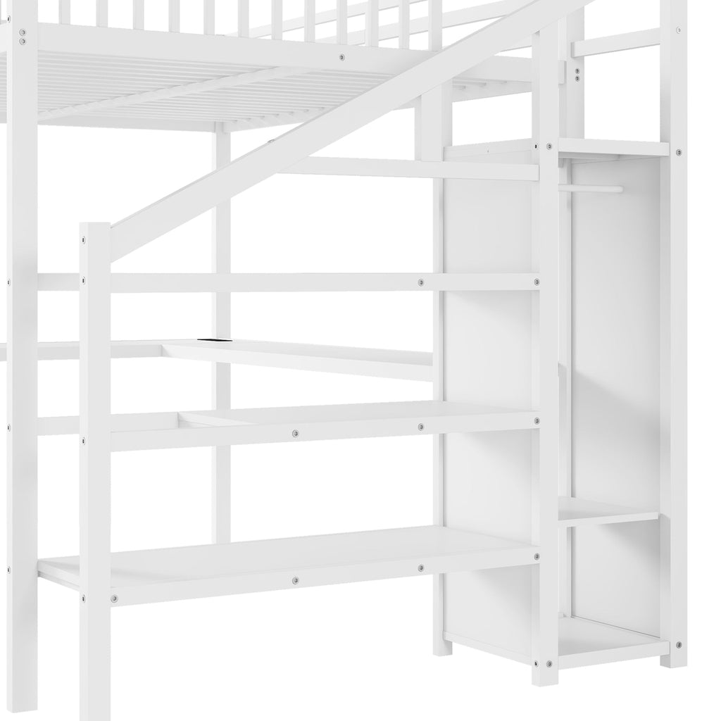 Metal Queen Loft Bed with Wardrobe and LED Light, Queen Size Loft Bed with L Shaped Desk and USB for Kids Teens Adults, White(Expect arrived on 2025/9/8)