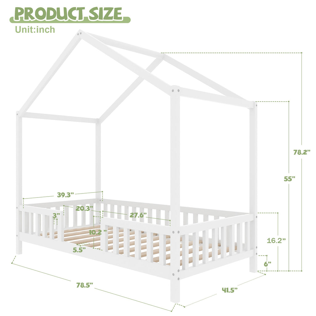 Montessori Floor Bed with Canopy, Twin Bed Frame for Kids, House Shape Kids Bed Frame with High Railings, Wood Kids Bed with Roof, Kid Twin Bed, White