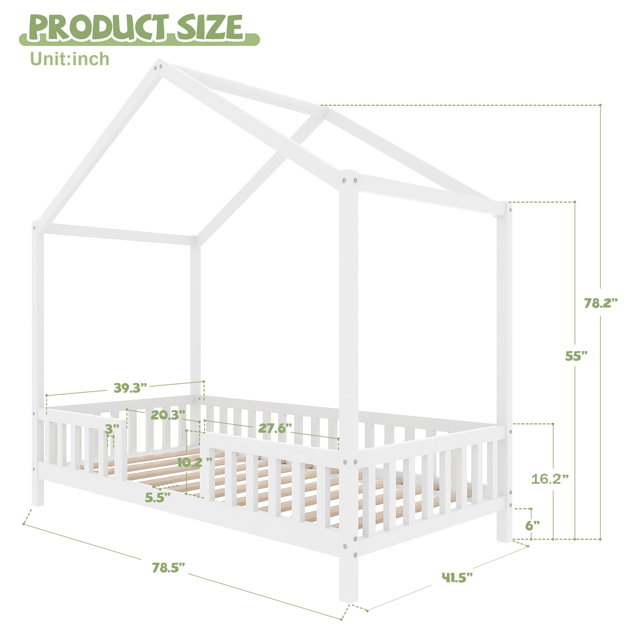 Montessori Floor Bed with Canopy, Twin Bed Frame for Kids, House Shape Kids Bed Frame with High Railings, Wood Kids Bed with Roof, Kid Twin Bed, White