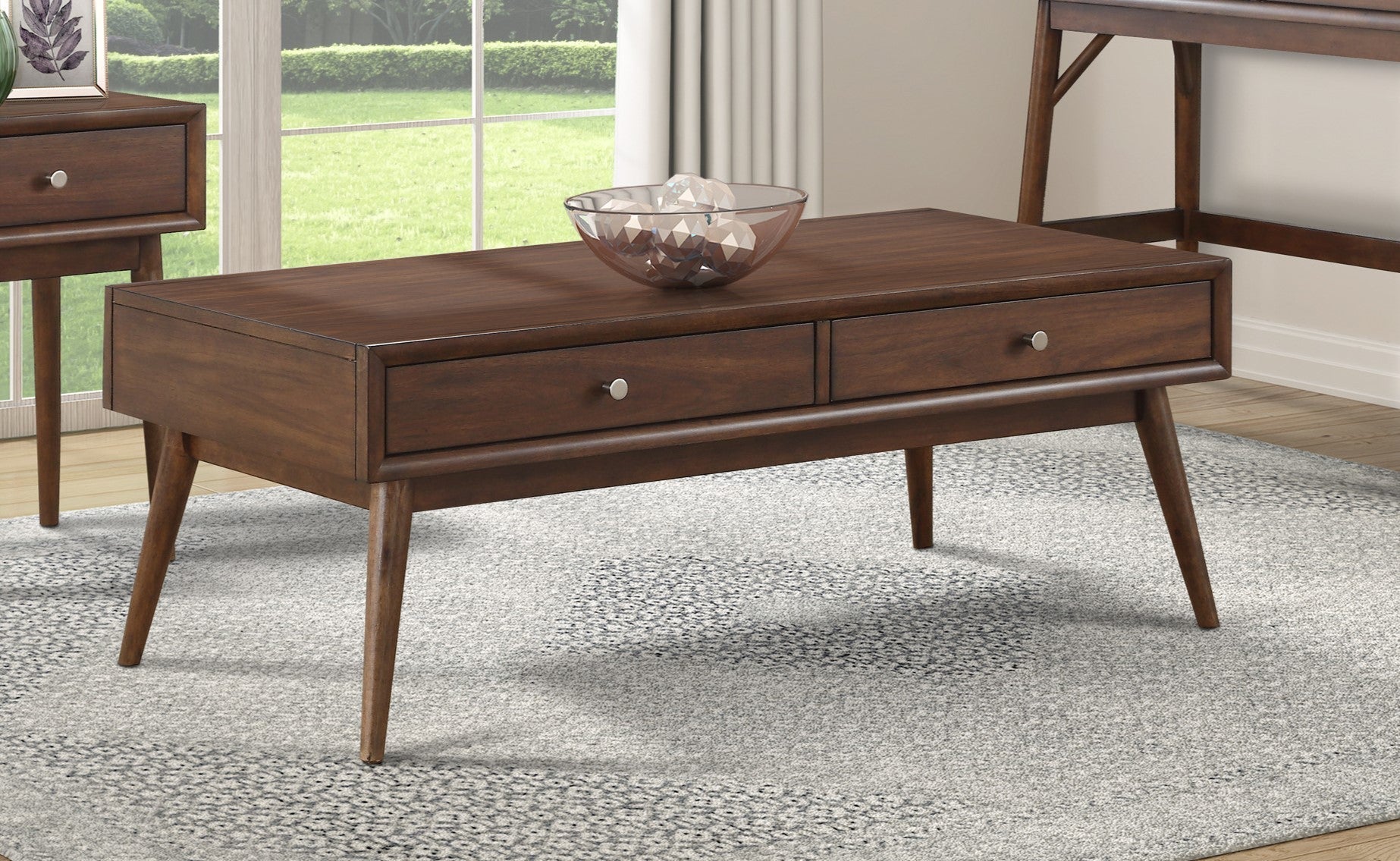 Retro Modern Style 1pc Coffee Table with 2x Drawers Brown Finish Living Room Furniture Walnut Veneer Wooden Furniture