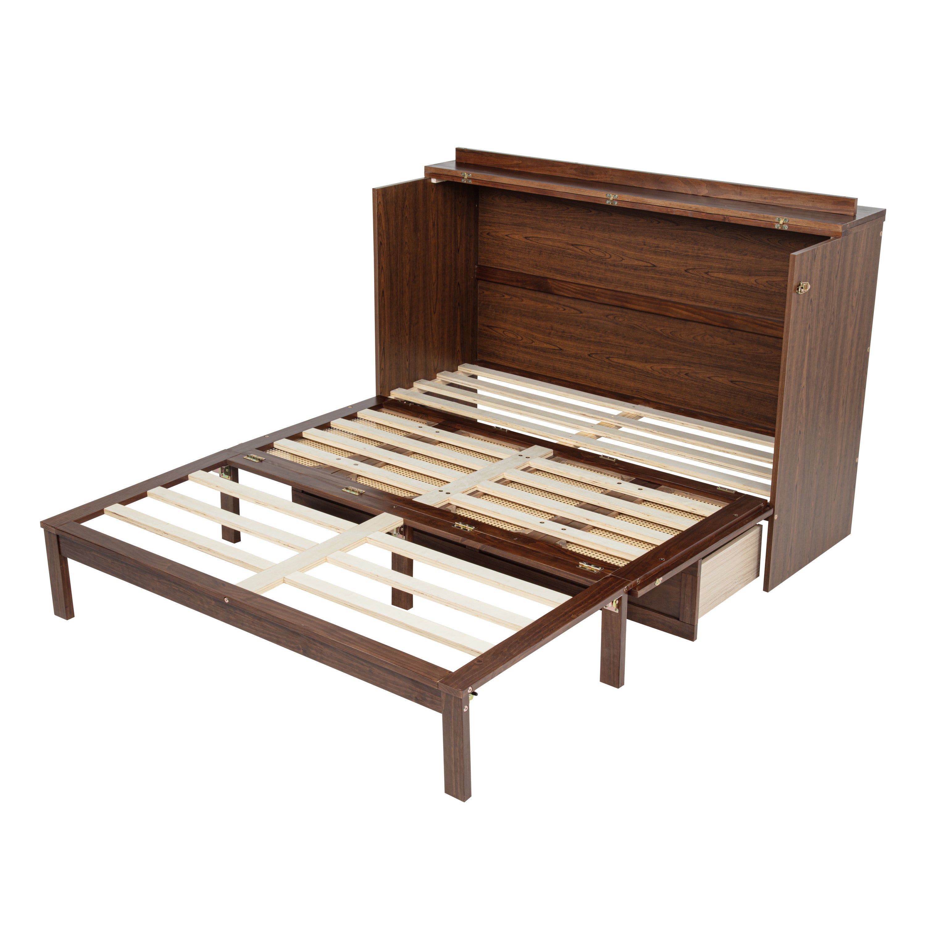 Queen Size Murphy Bed, Pine Wood Cabinet Bed with Power Station and Rattan Decoration Panel,Walnut