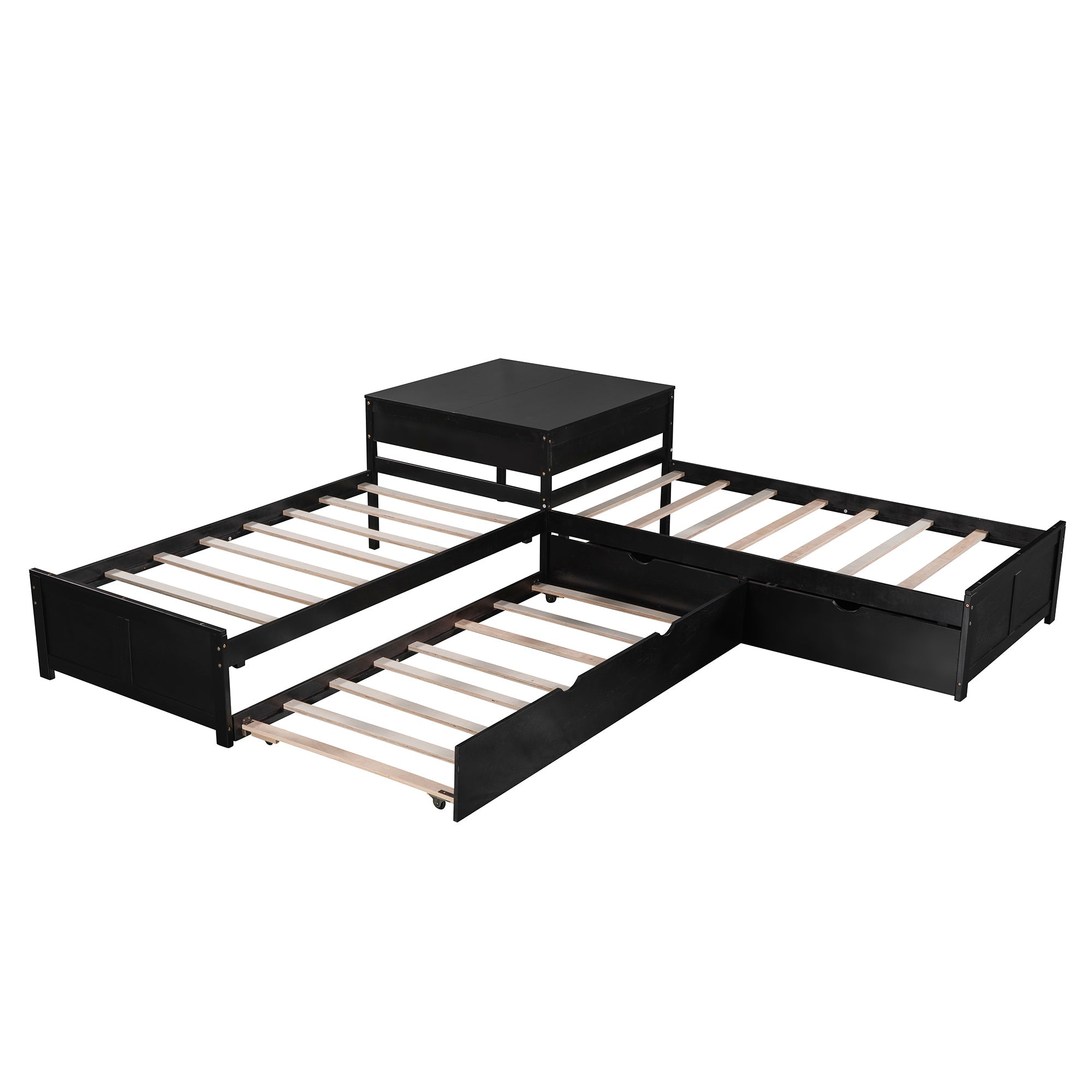L-shaped Platform Bed with Trundle and Drawers Linked with built-in Desk,Twin,Espresso(Old SKU:SM000916AAP)