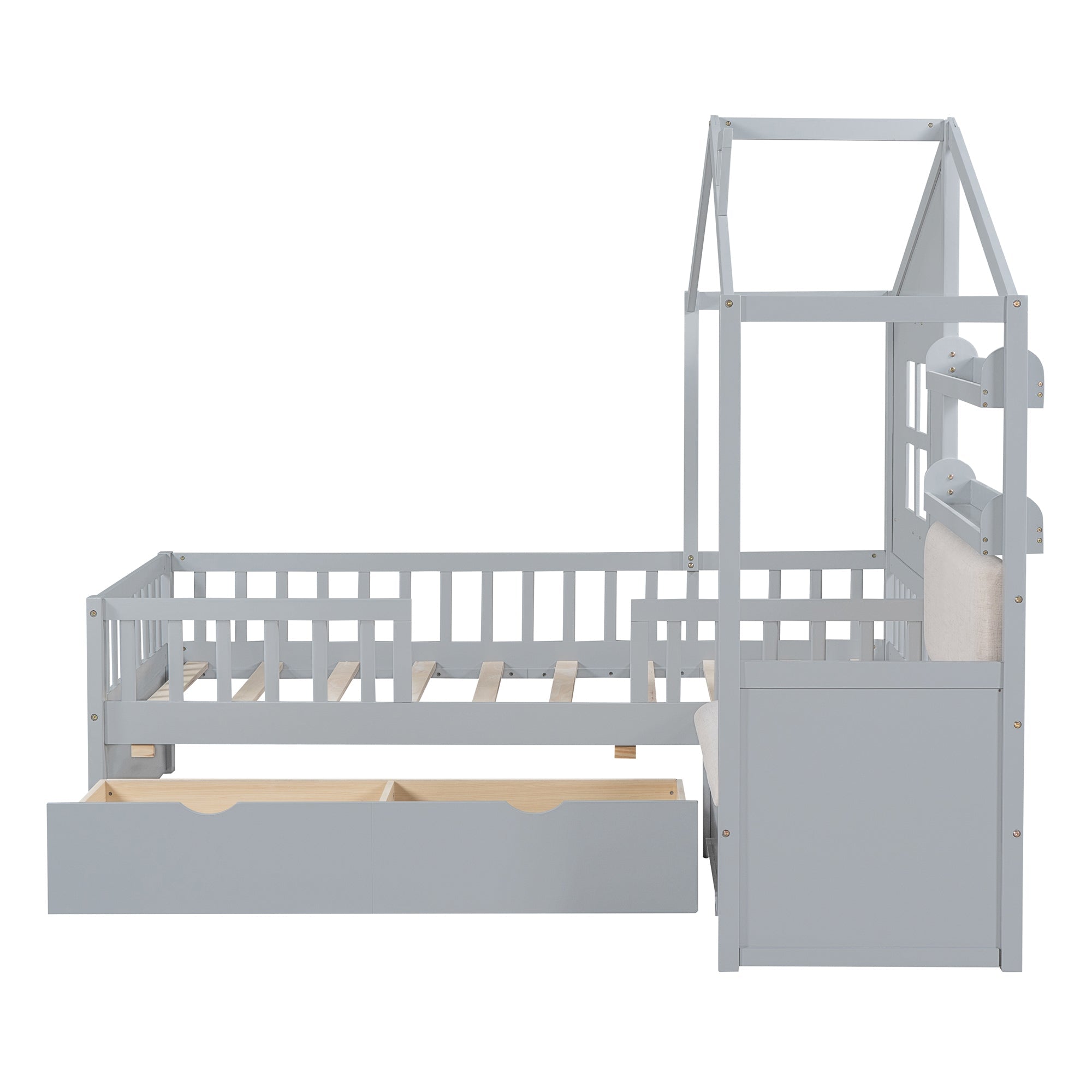 Twin Size House Bed with Sofa, Kids Platform Bed with Two Drawers and Storage Shelf, Gray (Old SKU:HL000065AAE)