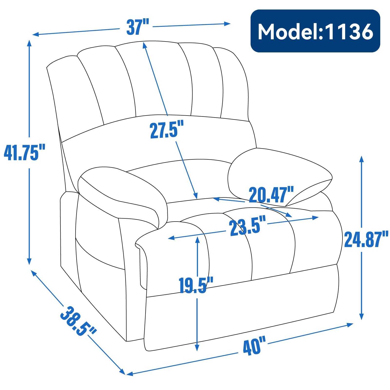 23' Seat Width and High Back Large Size Blue Grey Chenille Power Lift Recliner Chair with 8-Point Vibration Massage and Lumbar Heating