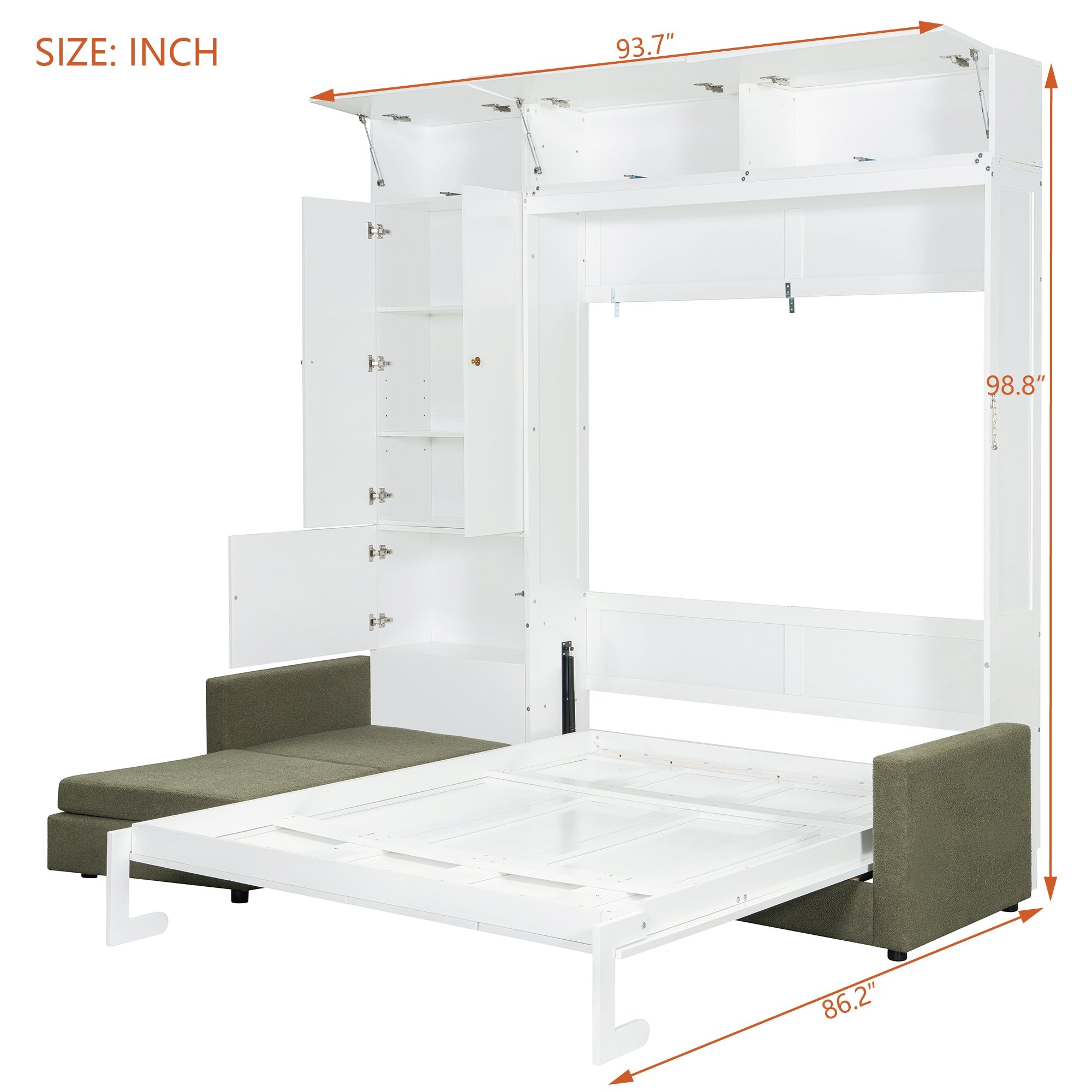 Queen Size Murphy Bed Wall Bed with Sofa and Shelves,White Panel, Green Sofa