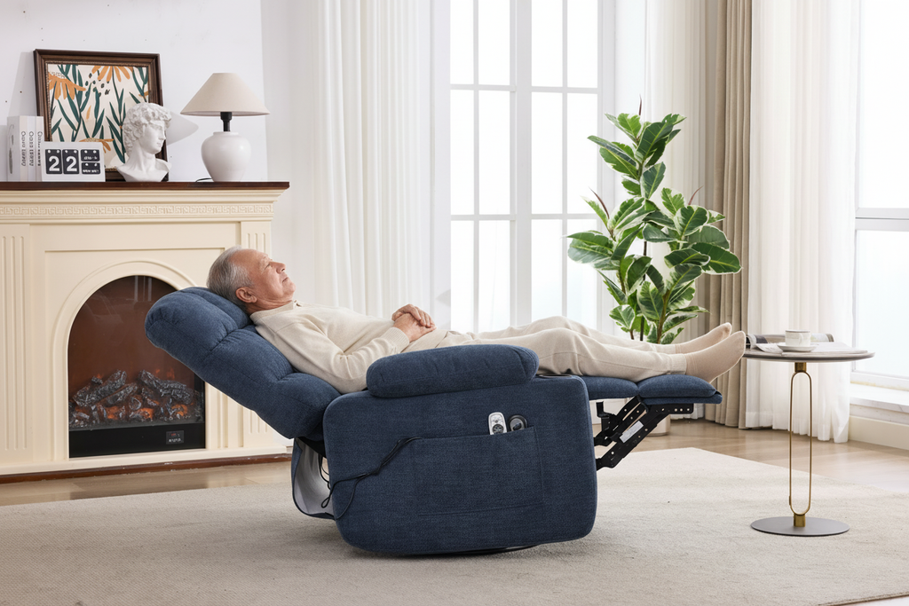 Heat Massage Manual Recliner Chair with Rocker and Swivel in Fabric for Living Room, Blue