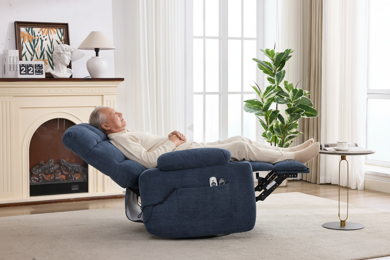 Heat Massage Manual Recliner Chair with Rocker and Swivel in Fabric for Living Room, Blue