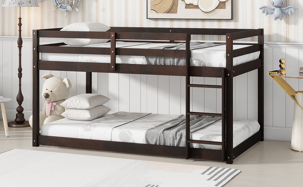 Solid Wooden, Solid Rubber Wooden Twin over Twin Floor Bunk Bed with Ladder, with Bed Platform of Strengthened Slats  , Espresso