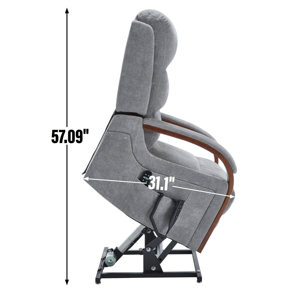 Power Grey Chenille Lift Recliner Chair Dual Motor Infinite Position Up to 350 LBS with Solid Wood Armrests, Heat Massage and Heavy Duty Motion Mechanism