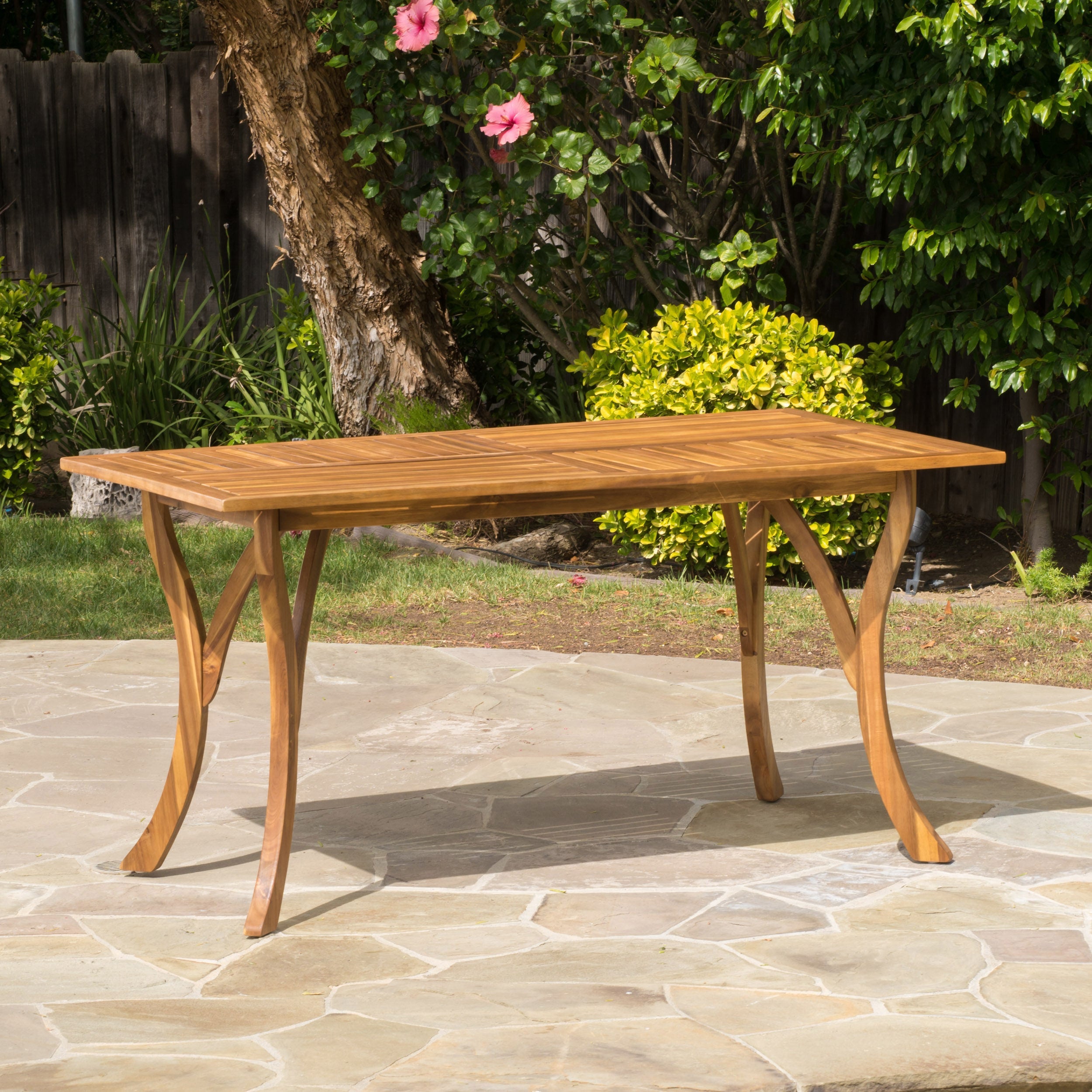 Outdoor Rectangular Table with Curved Legs and Perpendicular Wooden Slats Table Top, Teak