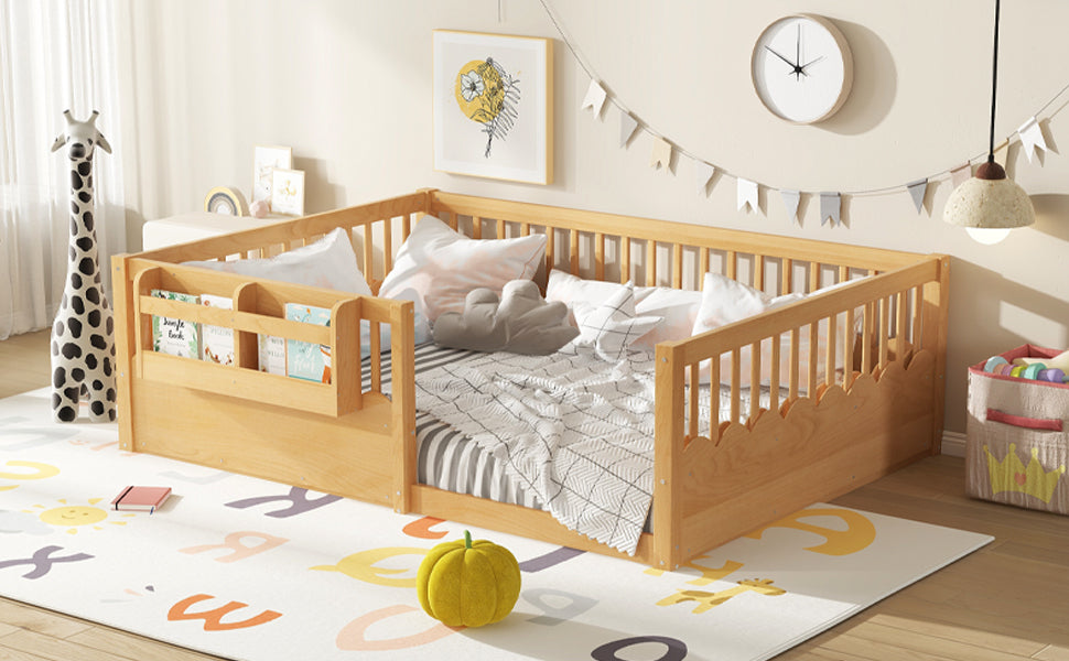 Full Floor bed with Heightened Fence and bookshelf ,Wood Floor Bed for Kids,Natural.