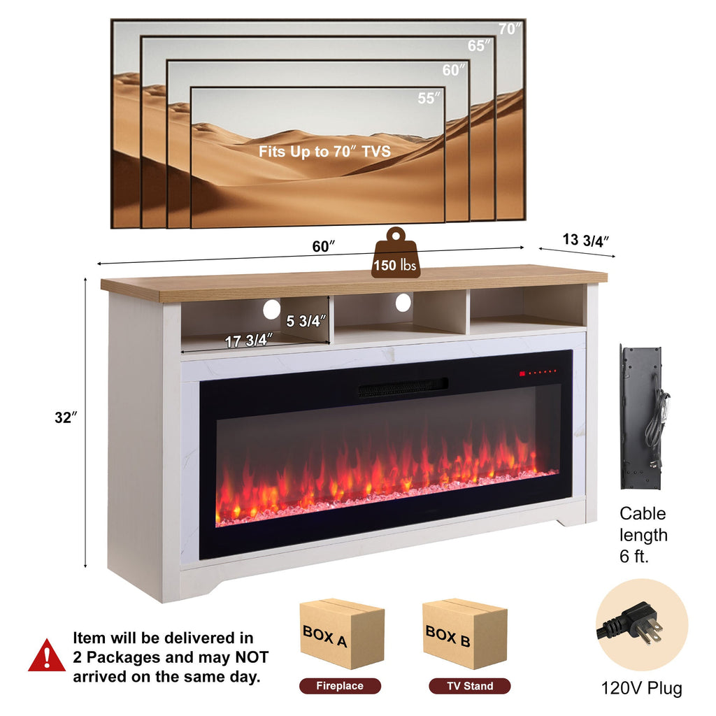 60 inch Fireplace TV Stand for TVs up to 70',with 50'smart Electric Fireplace,white
