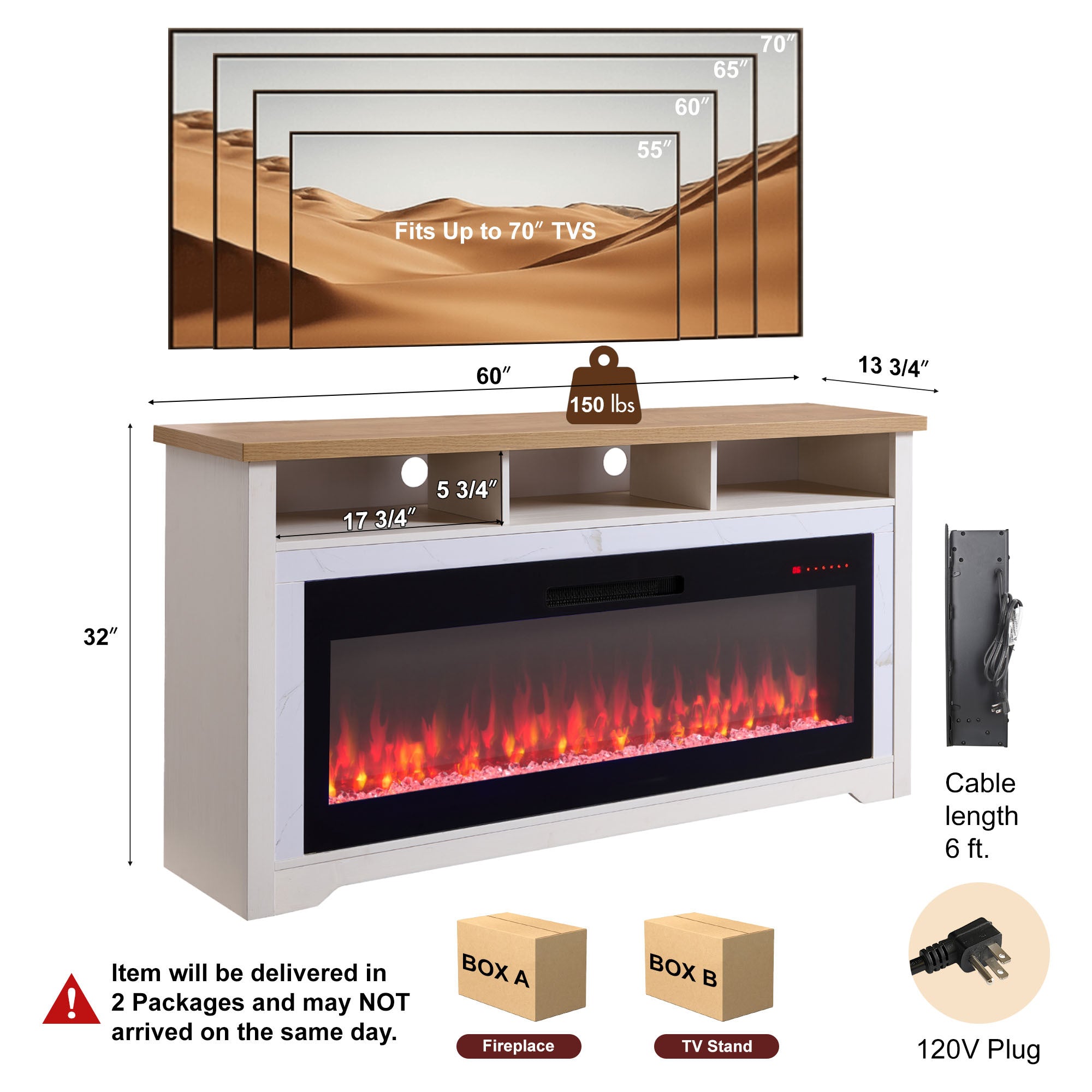 60 inch Fireplace TV Stand for TVs up to 70',with 50'smart Electric Fireplace,white