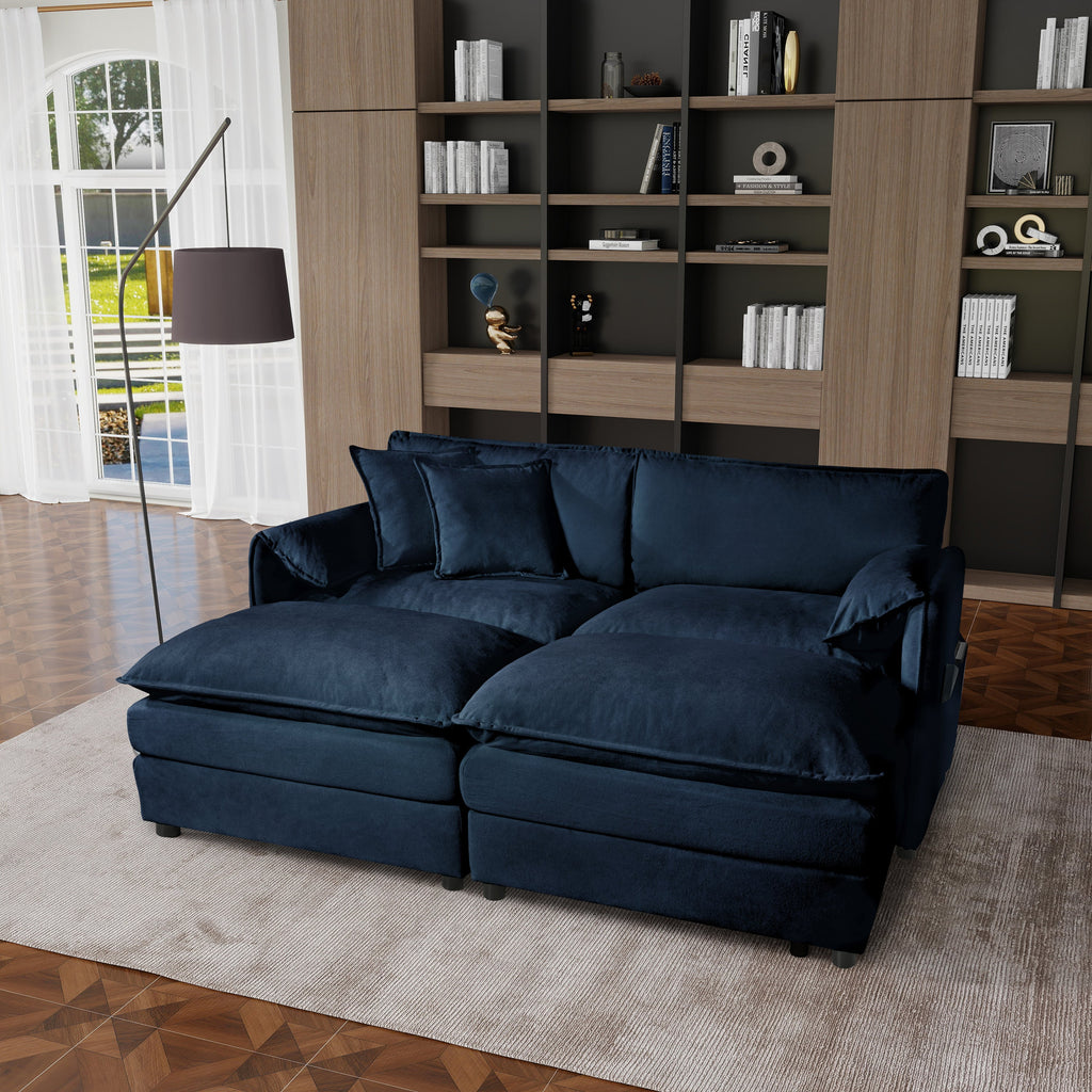 Deep Seat Sectional Cloud Sofa with 2 Ottomans & Soft Pillows, Loveseat Modular Couch for Living Room, Apartment,DIY Combination,Blue
