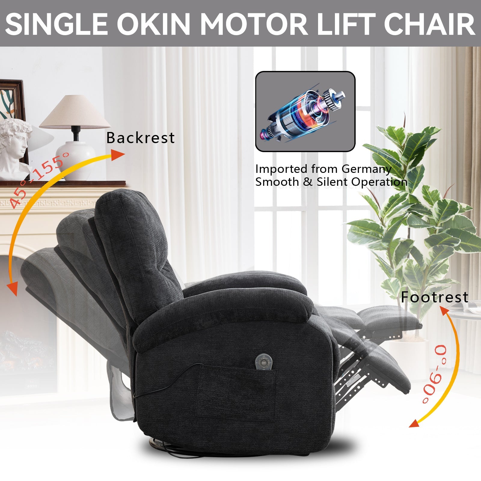 Hot massage manual lounge chair, with rocker arms and rotating fabric, with cup bucket, for living room, black