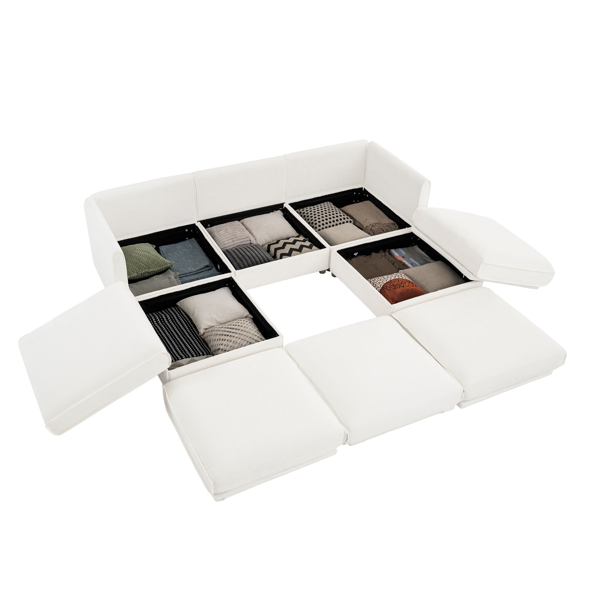 Elegant White Chenille  Sofa with Storage Seat and Ottoman, U-Shaped 3-Seater Cylindrical Backrest and Armrests, Contemporary 3-Seater Fabric Couch with Hidden Storage Compartment