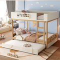 Queen Bunk Bed with Trundle , Wood Bunk Bed Frame with Built-in Bookshelf and High-quality Safety Guardrail,Automobile Form Design for Kids,Natural＆Beige