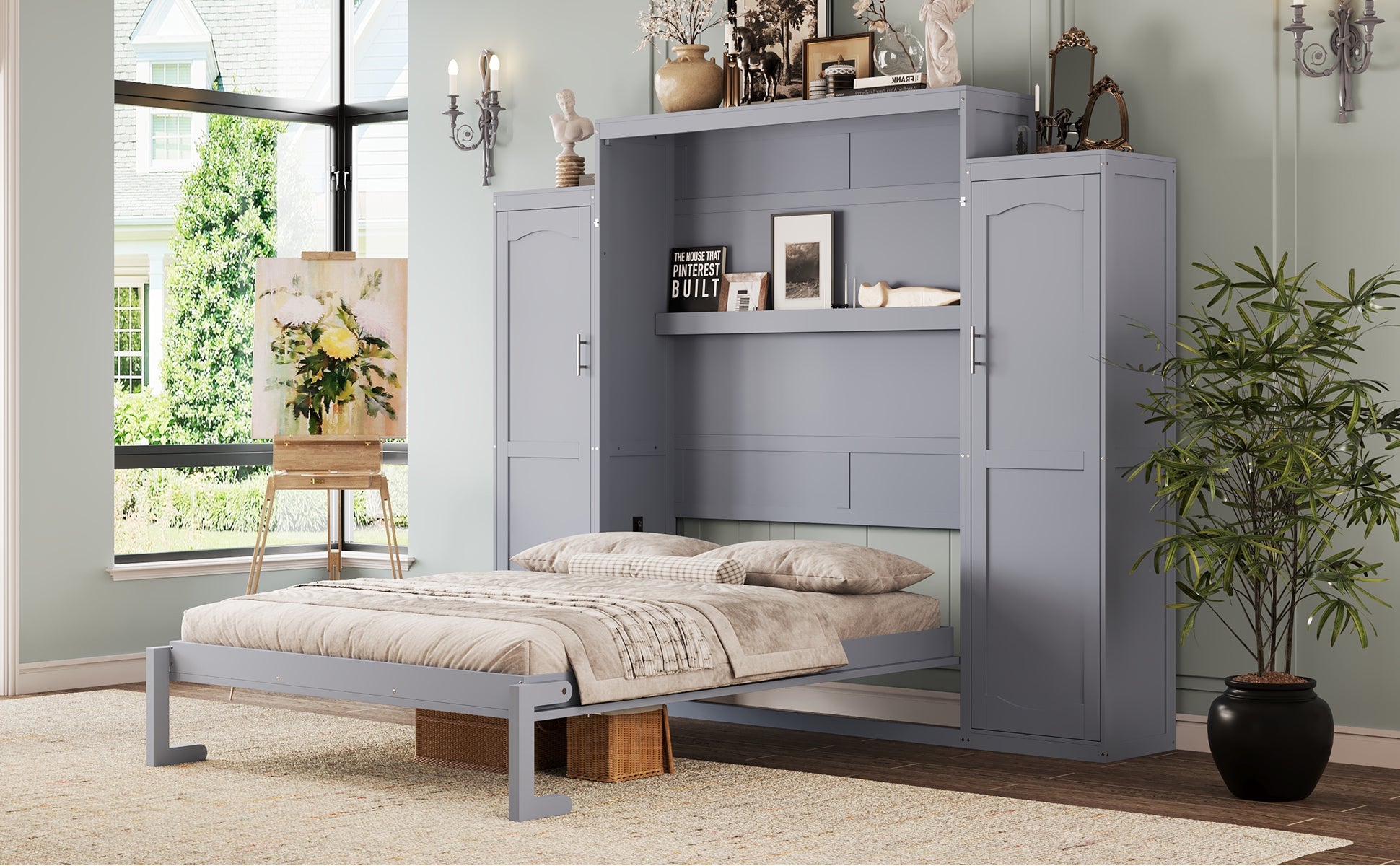 Queen Size Murphy Bed, Wooden Queen Wall Bed with 2 Wardrobe and Storage Shelf, Multifunctional Foldable Platform Bedframe for Guest-Room, Bedroom, Gray