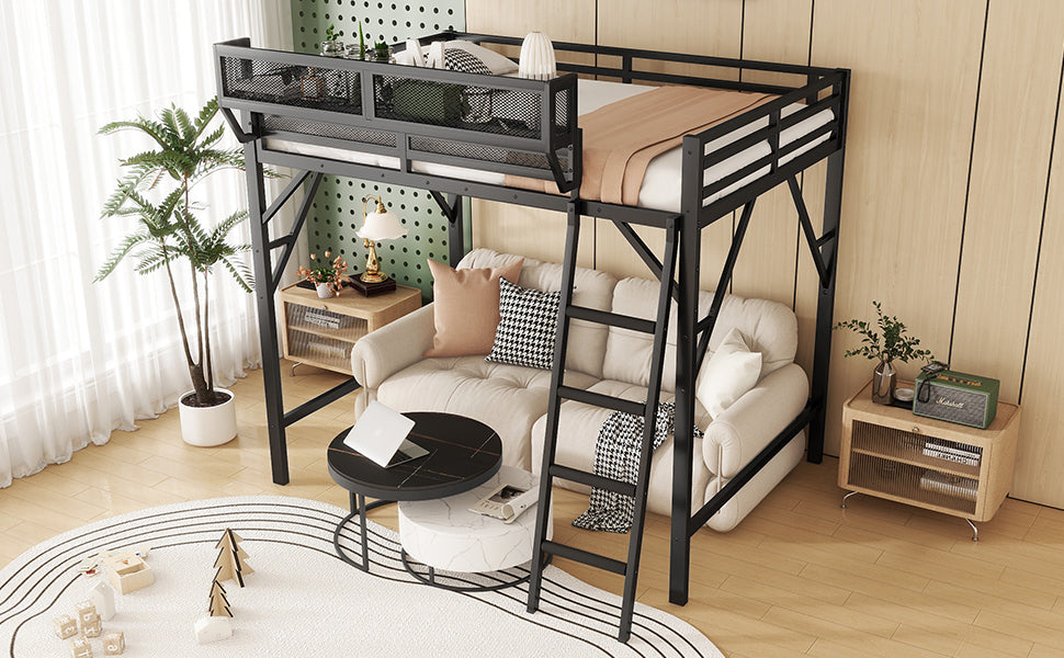 Queen Size Loft Bed with Ladder, Metal Queen Loft Bed with Storage Shelves, High Loft Bed for Kids Teens, Black(Expect Arrival Date 2025/12/3, Old SKU W2580P353530)