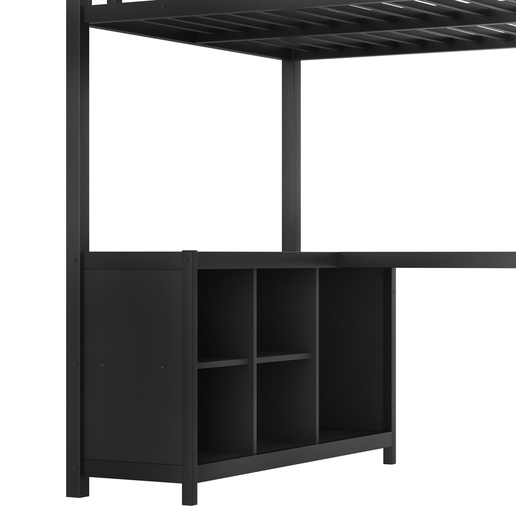 Metal Loft Bed with Wardrobe and L-shaped Desk, Twin Size Loft Bed with Storage Cubes and Shelves, Loft Bed for Kids Teens Adults, Black