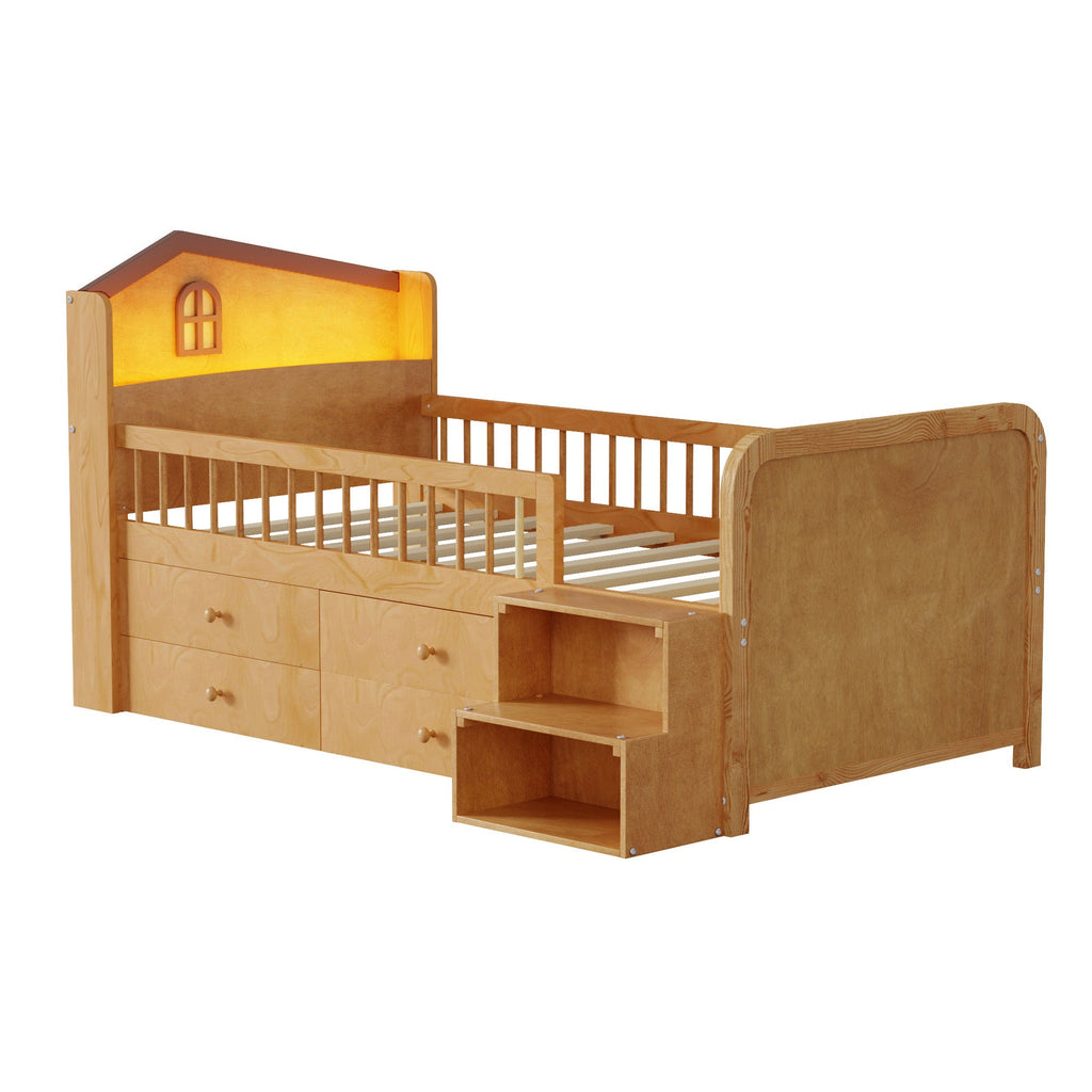 Low Loft Bed with LED Lights, Wooden Twin Loft Bed with House Shape Headboard, Kids Loft Bed with Storage Drawers, Natural (Expect Arrival Date 2025/1/20)