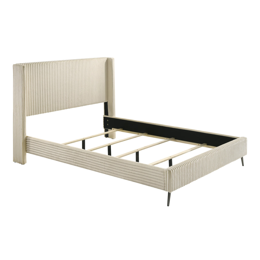 Mavela Wide Wale Corduroy Upholstery Panel Queen Bed with 2 Nightstands, Cream