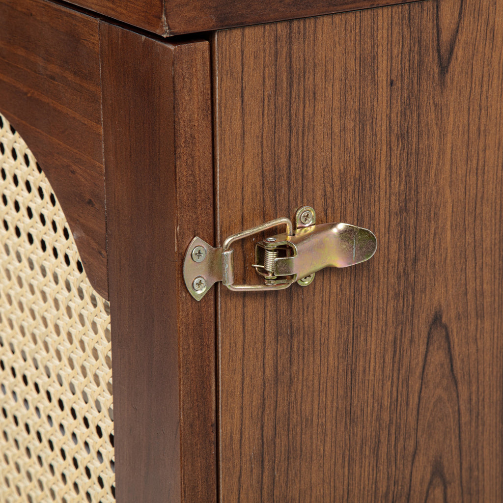 Queen Size Murphy Bed, Pine Wood Cabinet Bed with Power Station and Rattan Decoration Panel,Walnut