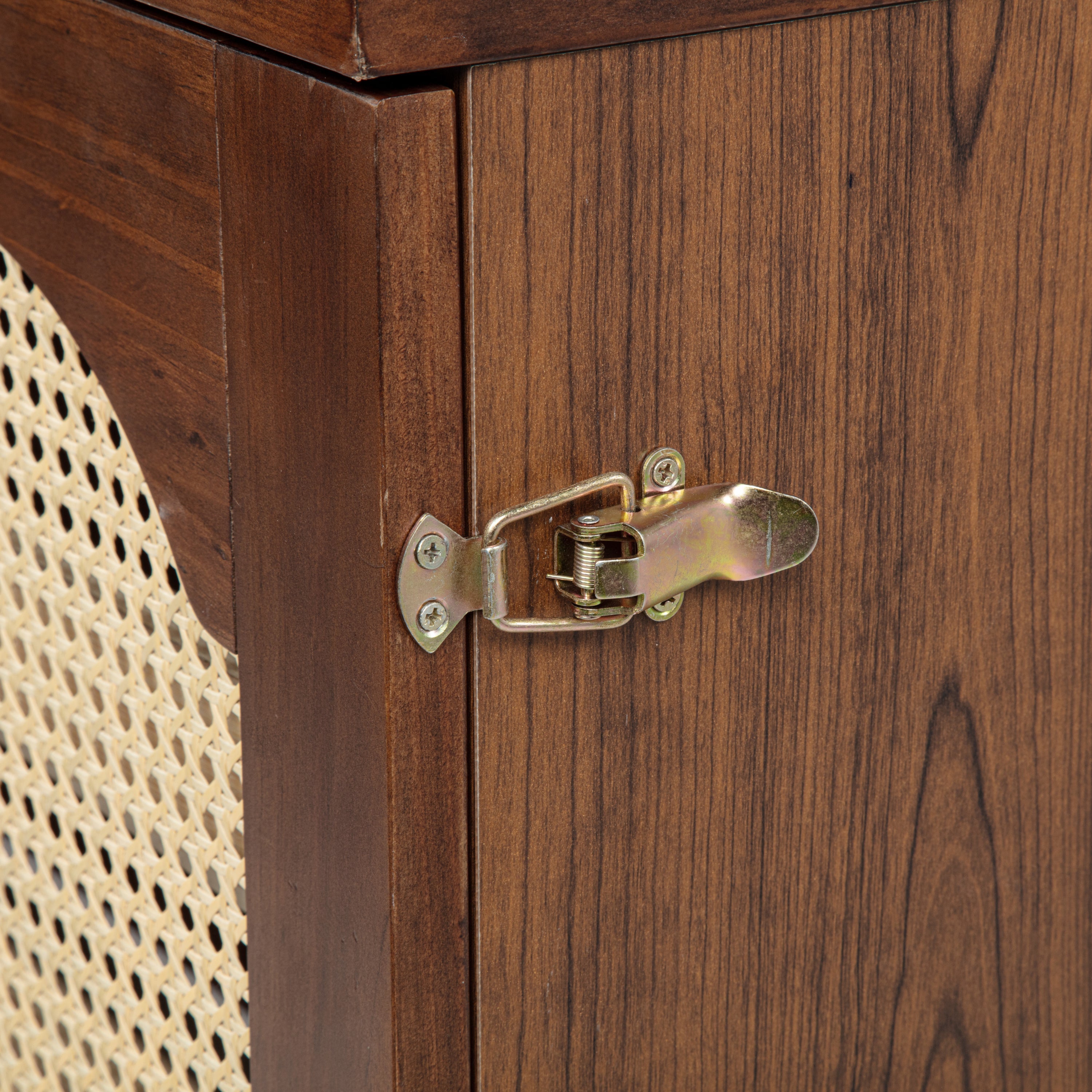 Queen Size Murphy Bed, Pine Wood Cabinet Bed with Power Station and Rattan Decoration Panel,Walnut