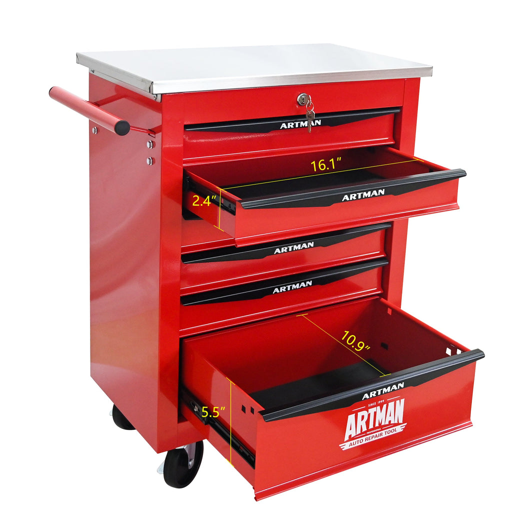 6 Drawers Multifunctional Tool Cart with Wheels,Metal Rolling Tool Cart Storage for Garage Workshop Warehouse Repair Shop--With Stainless Steel Roof- Red&Black