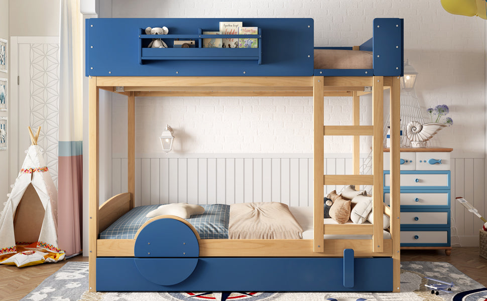 Full Bunk Bed with Trundle , Wood Bunk Bed Frame with Built-inBookshelf and High-quality Safety Guardrail,Automobile Form Design for Kids ,Blue＆Natural.
