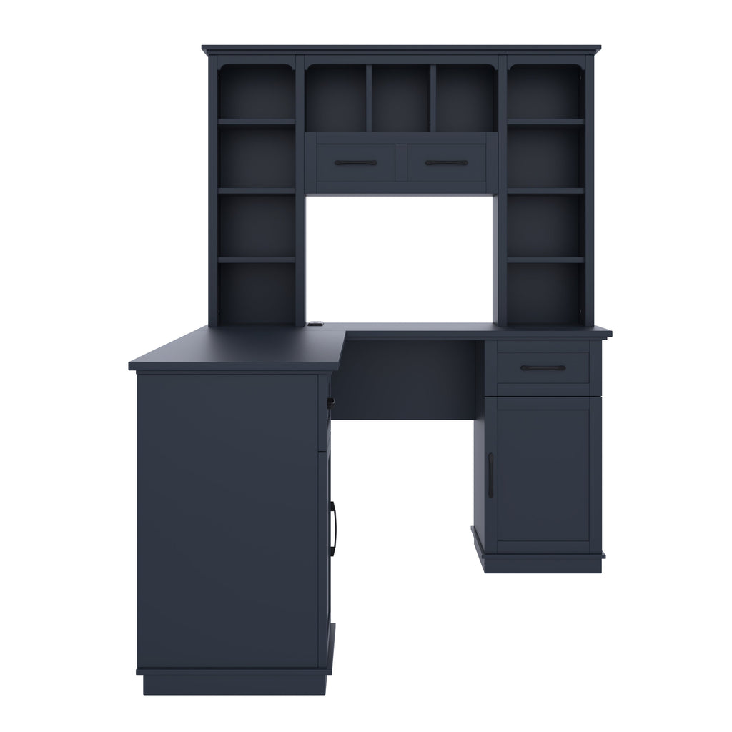 L-Shaped Computer Desk with 2 Cabinets and 2 Drawers, 11 Open Shelves, with Power Outlet, for Study, Living Room and Office, Antique Blue