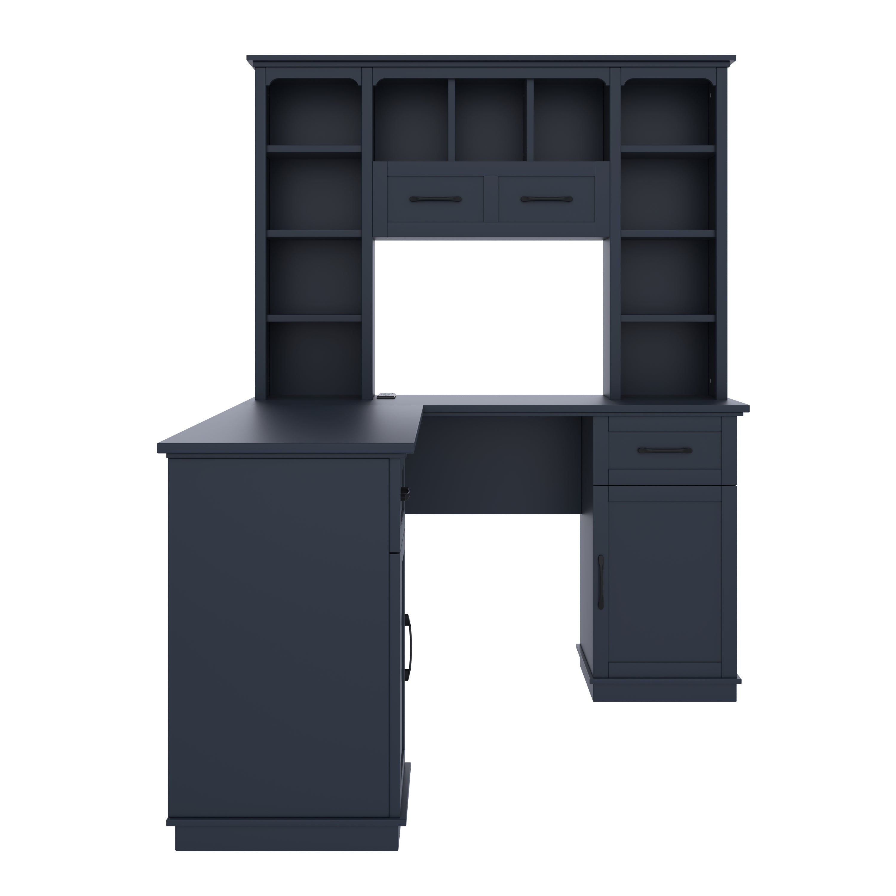 L-Shaped Computer Desk with 2 Cabinets and 2 Drawers, 11 Open Shelves, with Power Outlet, for Study, Living Room and Office, Antique Blue