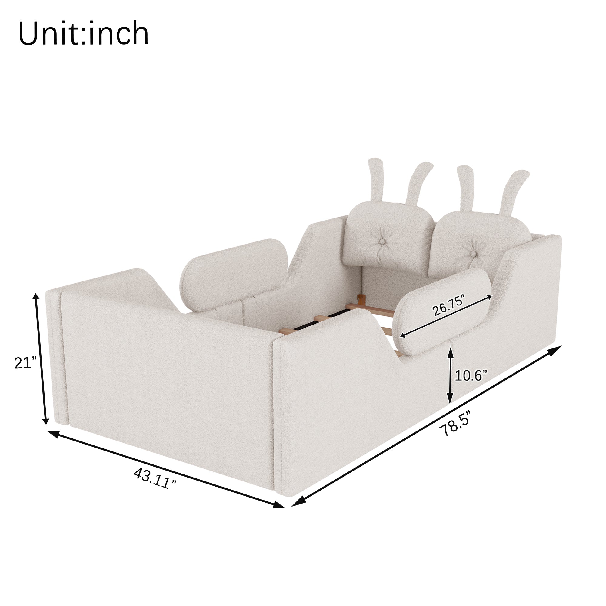 Twin Size Upholstered Platform Bed with Rabbit Cushion, Kids Floor Upholstered Bed with Removable Side Rails, White(Expect Arrival Date 2025/1/15)