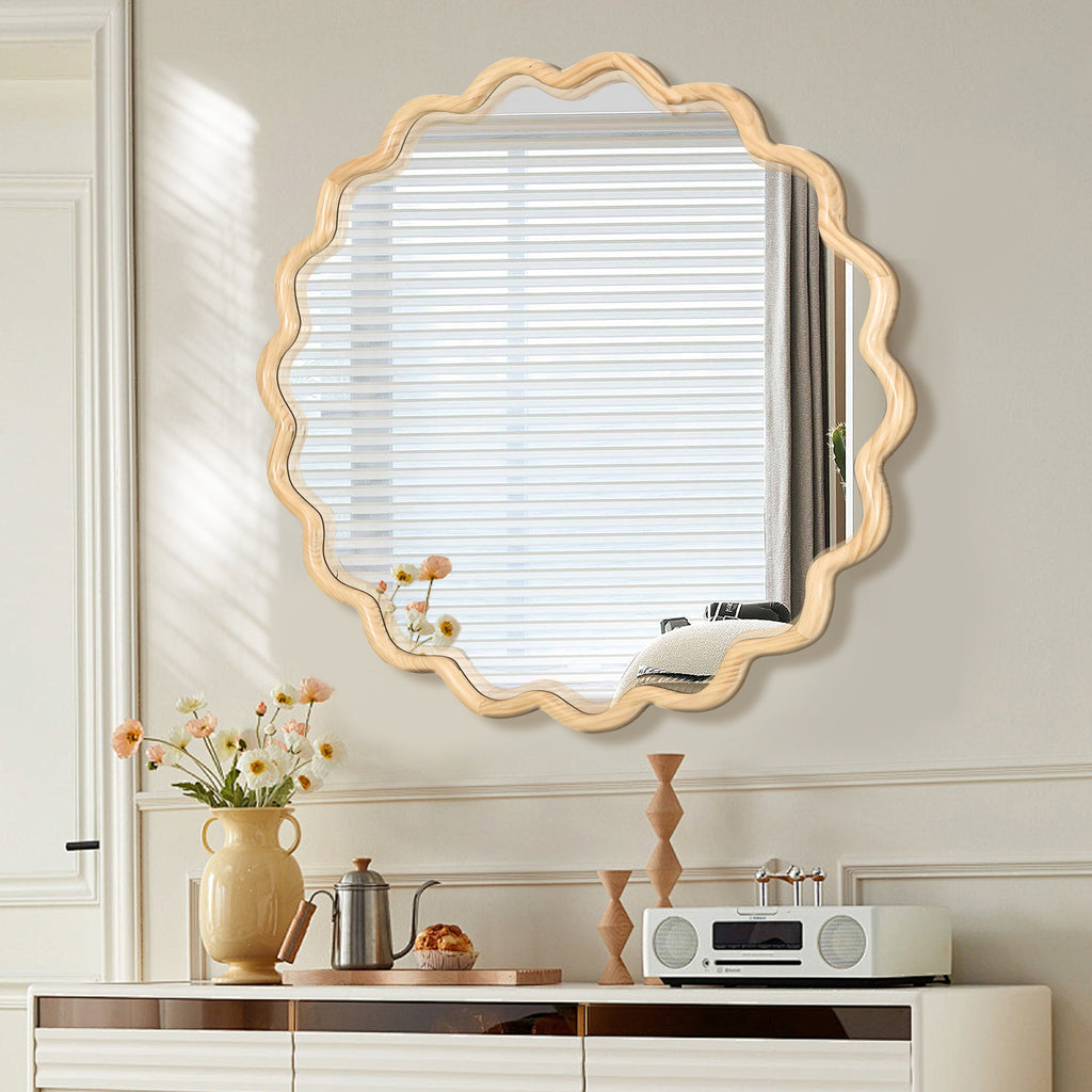 Solid Wood Wavy Mirror-Natural-Wood Vanity Mirror Wall Decor 42" x 42" Modern Mirror Wall Decor for Bathroom, Bedroom, Living Room, Dining Room, Cloakroom, Entryway